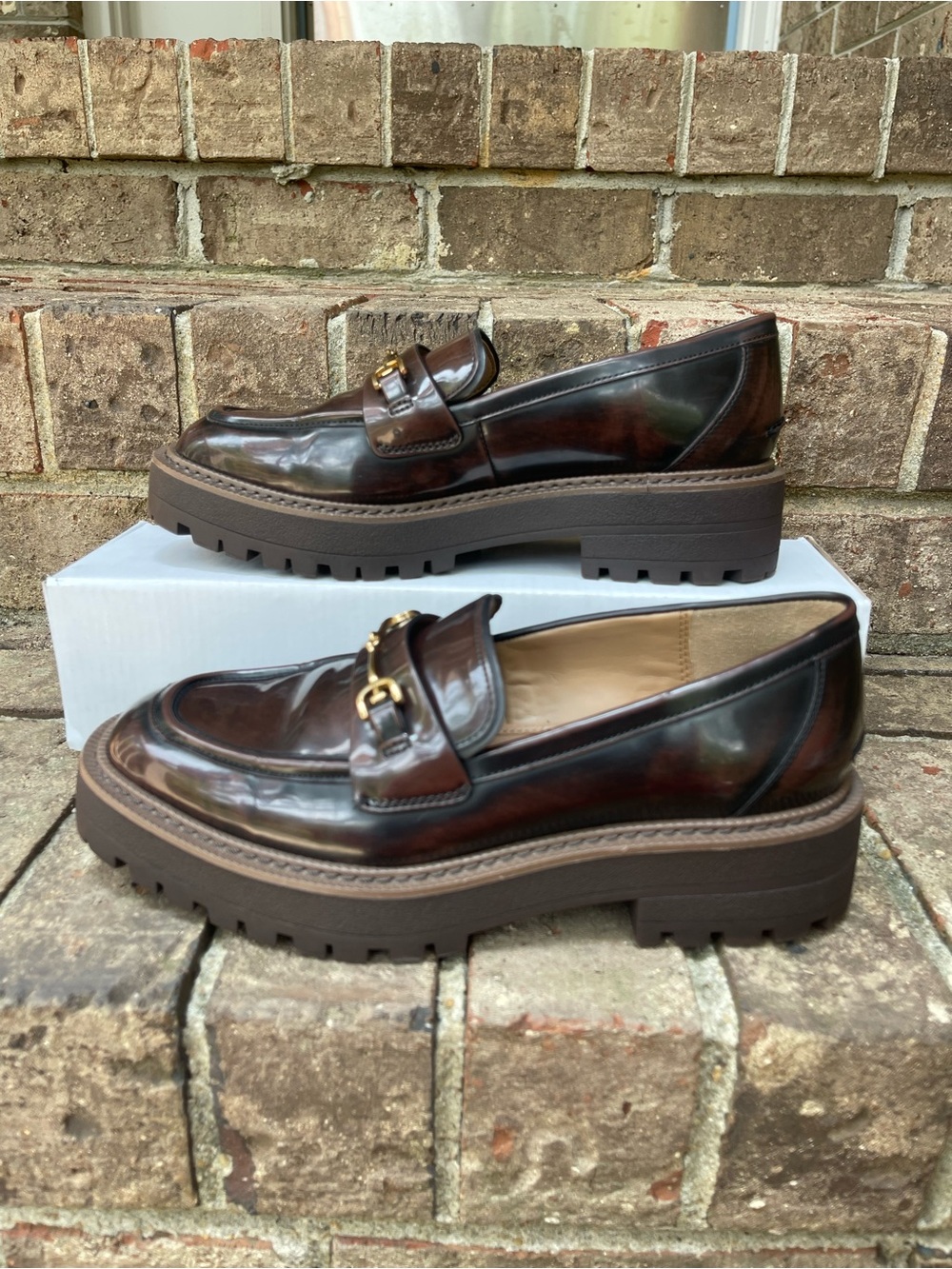 Sam Edelman Brown Lug Sole Horsebit Loafers Glossy Platform Shoes Women’s 8.5 - Picture 5 of 16
